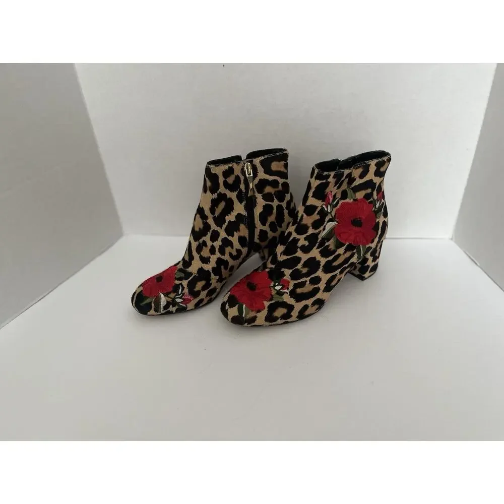 KATE SPADE LEOPARD CALIF HAIR BOOTIES WITH ROSE EMBROIDERED DETAIL, SIZE 6M